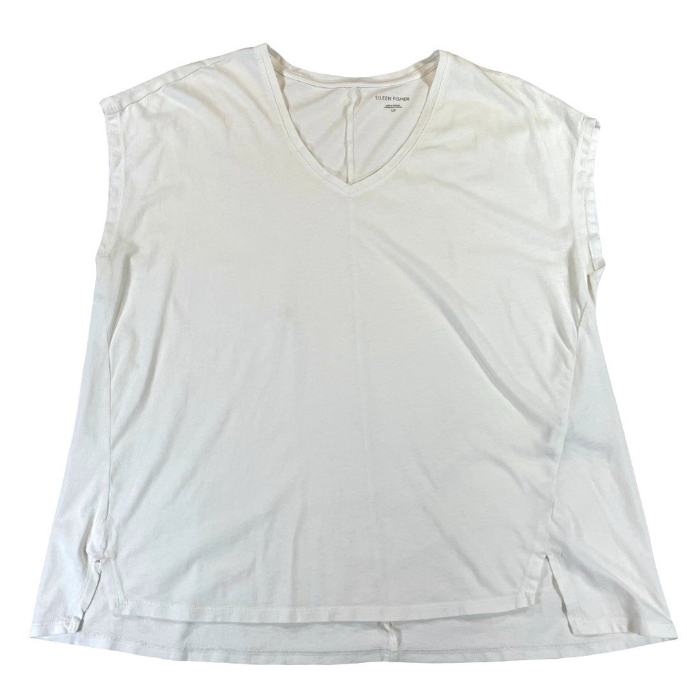 Eileen Fisher White Organic‎ Cotton V-Neck Boxy Top Cap Sleeve Small S/P